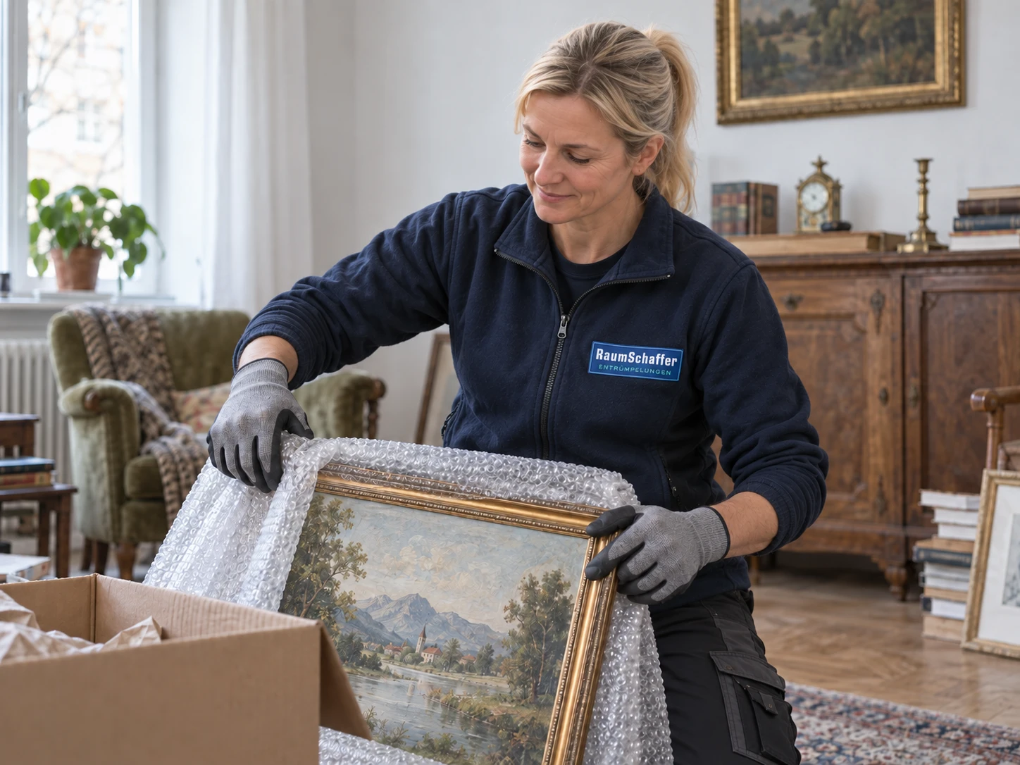 RaumSchaffer-Mitarbeiterin verpackt ein Gemälde bei einer Haushaltsauflösung
